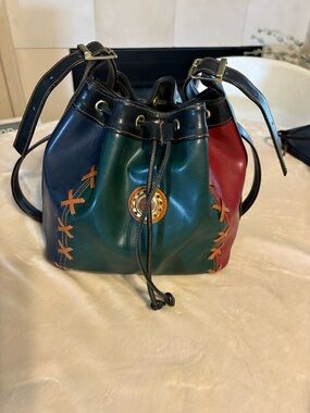 Tri-Panel Leather Drawstring Crossbody Bag - Green/Blue/Red
